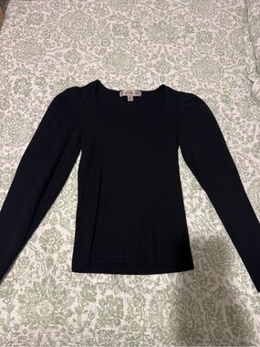 Catherine Malandrino Black Ribbed Scoop-Neck Long Sleeve Top